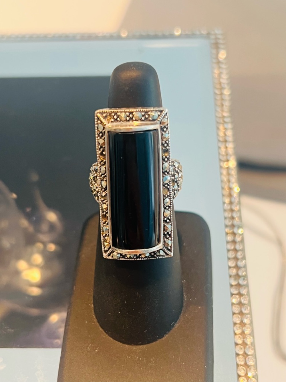 Sterling Silver Black Onyx Marcasite Statement Ring